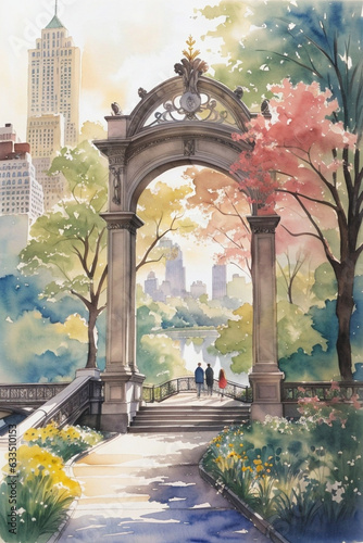 Beautiful image of Central Park in New York in watercolor technique. Image created using artificial intelligence.