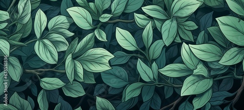 Apple green leafs background texture illustration. Apple leafs illustration. Horizontal banner. Ai generated © Magiurg
