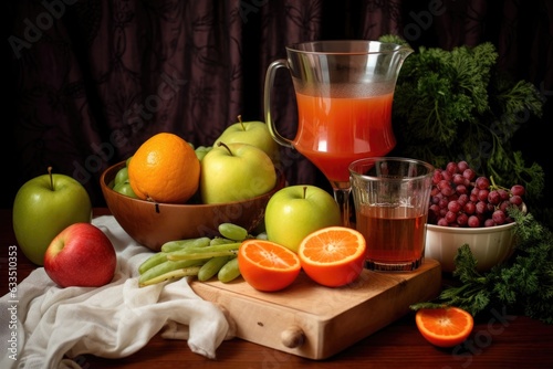 flat lay of fruit, juicer, and juice glass
