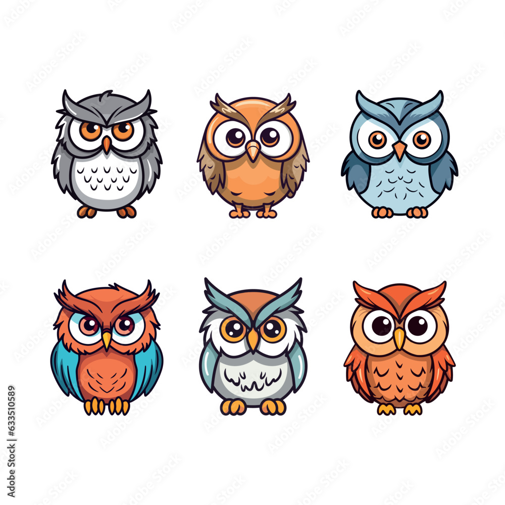 Cute owl birds set isolated on white background. Colorful cartoon owls. Vector stock Cute owl birds set isolated on white background. Colorful cartoon owls. Vector stock