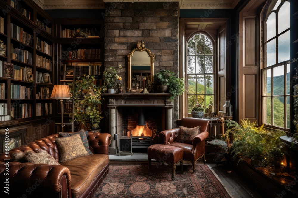 In Edinburgh, Scotland, on June 5, 2019, there was a charming and traditional reading corner adorned with a grand collection of vintage books in an elegant home library. - obrazy, fototapety, plakaty 