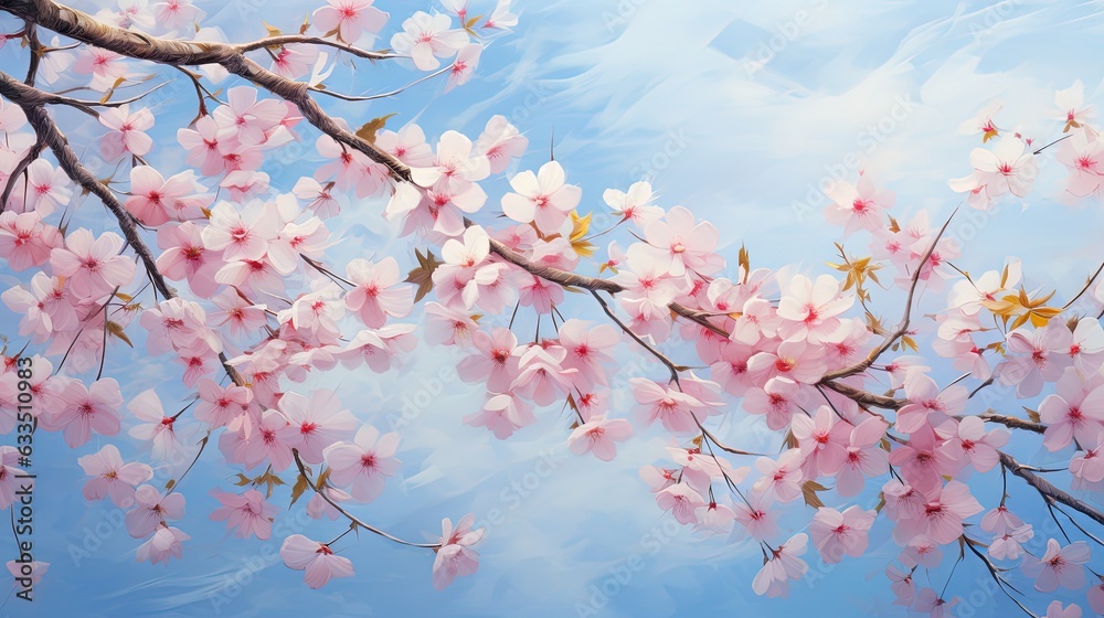 a painting of pink flowers on a branch against a blue sky.  generative ai