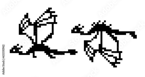 Big set with flying pixel dragons silhouettes in black and white isolated on white. Pixel art style design for new year 2024 package, home textile, embroidery, clipart, sticker, poster, t-shirt print.