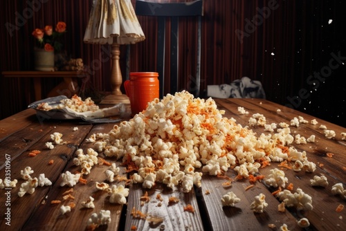 messy popcorn scattered on a wooden table