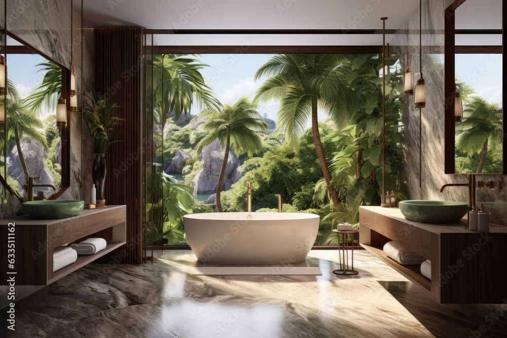 A rendering of a contemporary and luxurious bathroom featuring a tropicalstyle garden view. The space showcases marble flooring and walls, along with a copperframed mirror. The room is designed with