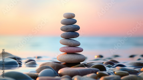 Zen stone tower with peaceful sea and sky bokeh