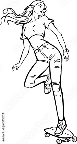 Vector Flat Black Outline Woman Woman Riding A Skateboard Isolated On White Background