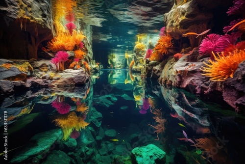 underwater shot of a vibrant  colorful natural pool ecosystem