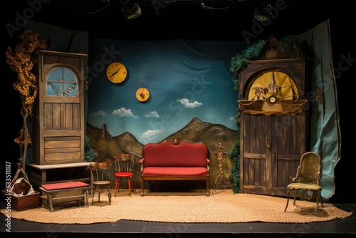 puppet stage set with miniature props and backdrops