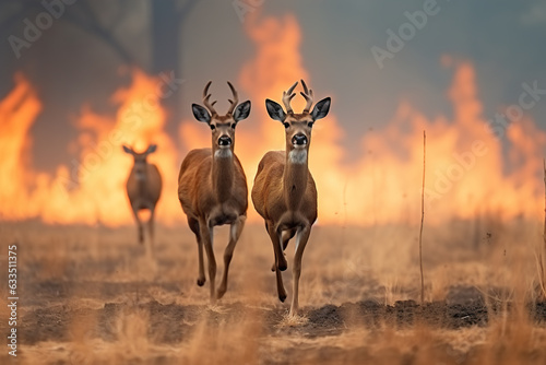 Deer fleeing a fire in the forest