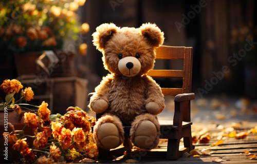 A teddy bear sitting on a wooden bench. Cute teddy bear sitting on a wooden bench