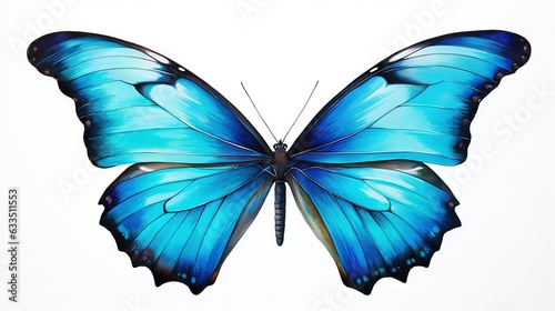  a blue butterfly flying in the air with wings spread out.  generative ai © Anna