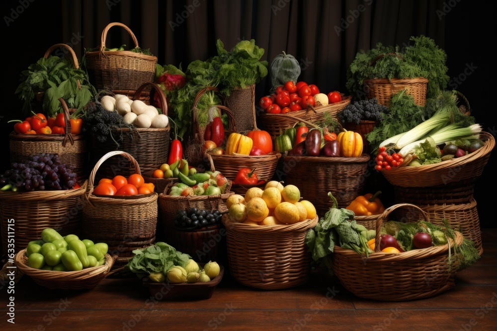 wicker baskets filled with fresh fruits and vegetables