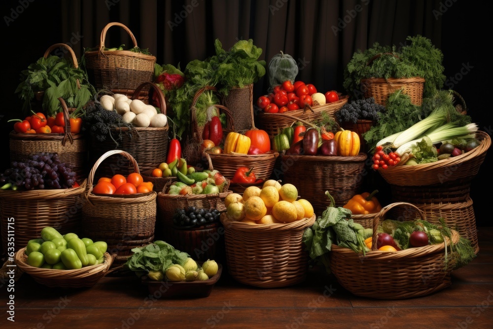 wicker baskets filled with fresh fruits and vegetables wicker baskets filled with fresh fruits and vegetables