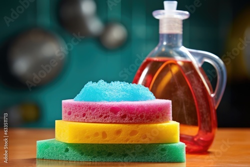 close-up of dish soap bottle and sponge