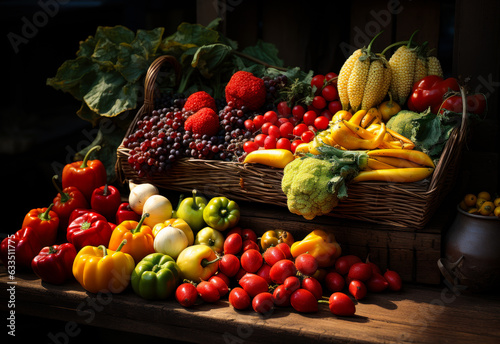 A variety of fruits and vegetables on a table. Colorful assortment of fruits and vegetables on a table