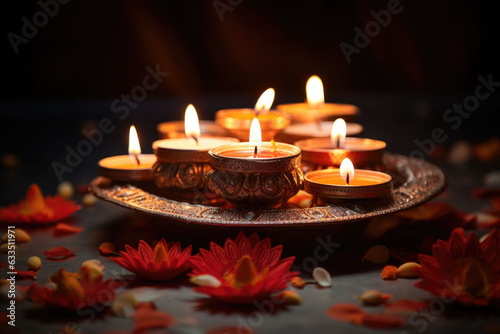 Colorful traditional oil lamps diya lit during diwali celebration. Hindu festival of lights celebration. AI generated