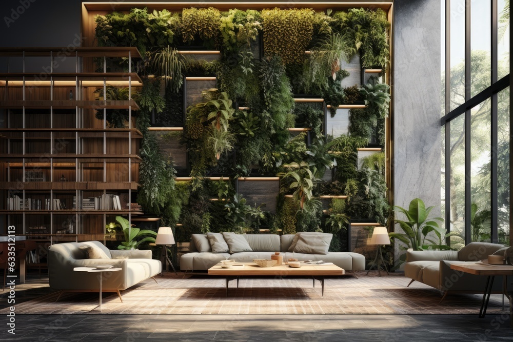A visualization of an interior design concept featuring a vertical wall garden. A visualization of an interior design concept featuring a vertical wall garden.