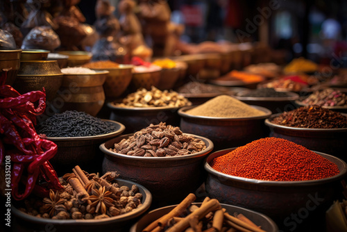 Colorful herbal and spices oriental marketplace. Sacks of food and spices. Generative AI