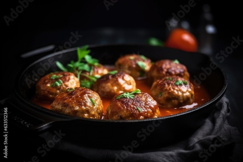 Rustic meatballs in a frying pan. Generative ai.