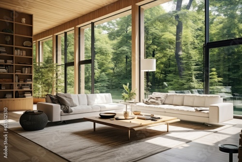 Modern living room with wall of windows.