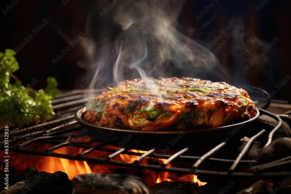 sizzling veggie burger on a grill with smoke sizzling veggie burger on a grill with smoke