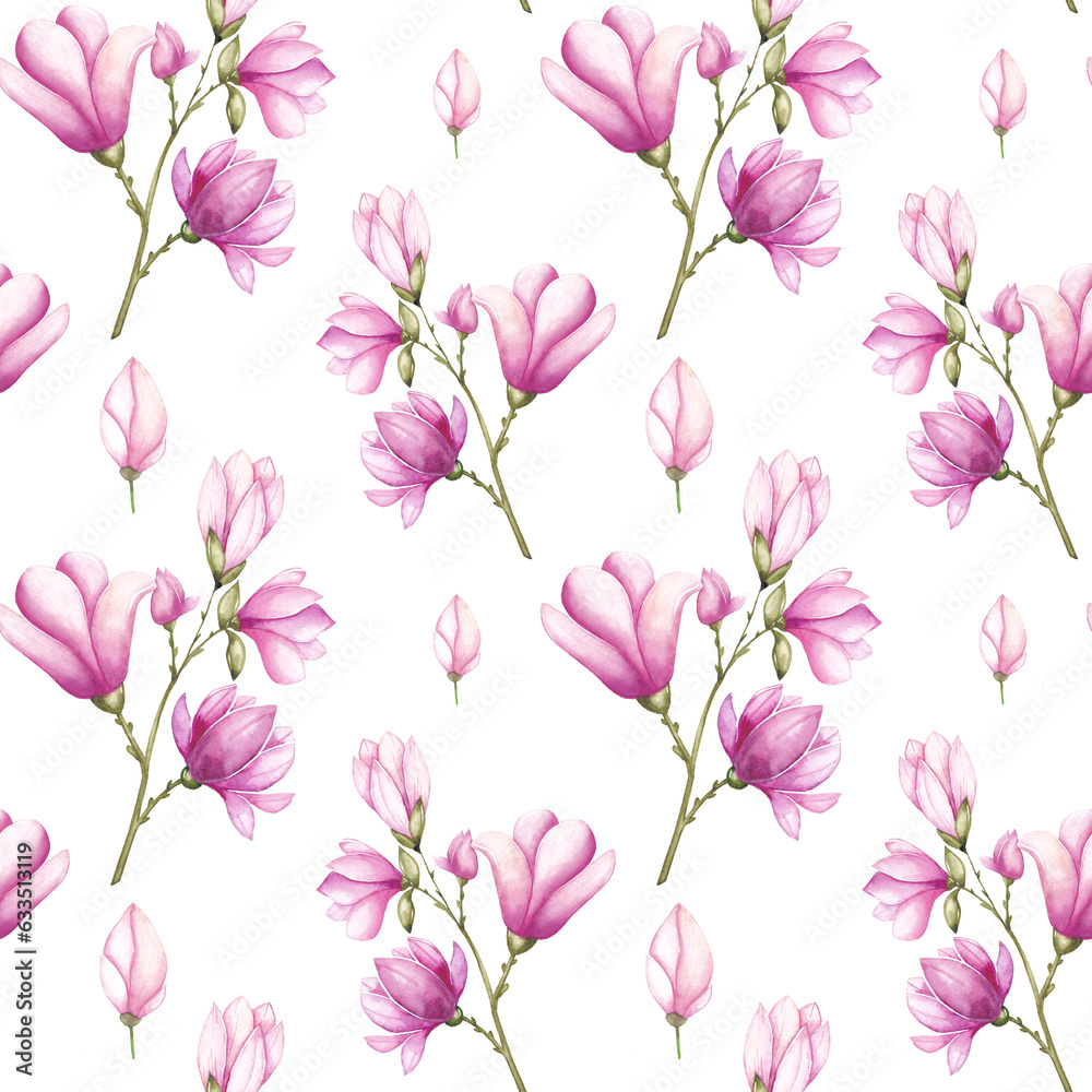 Flower Watercolor Seamless Pattern. Hand painted background with Pink Magnolia. Floral illustration for textile design