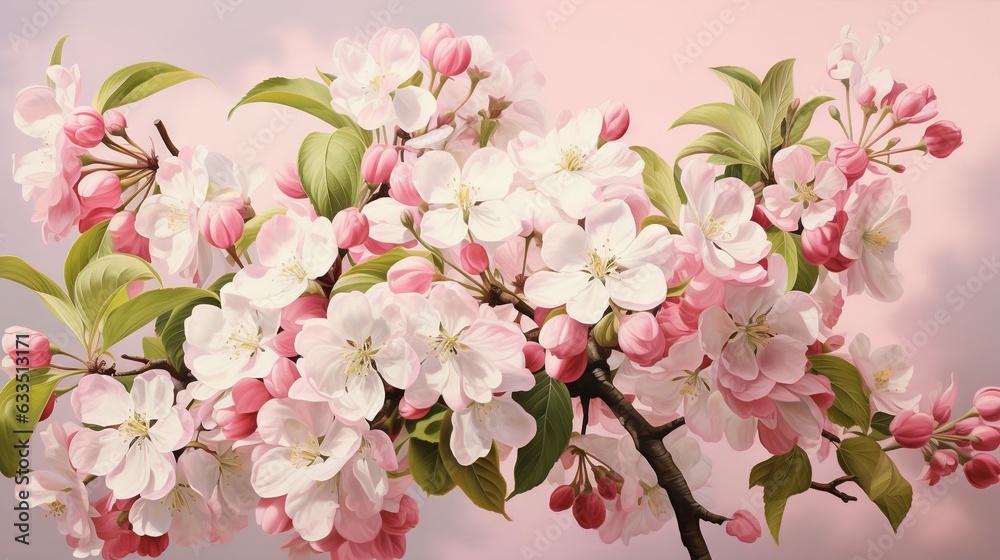  a branch of a flowering tree with pink and white flowers.  generative ai
