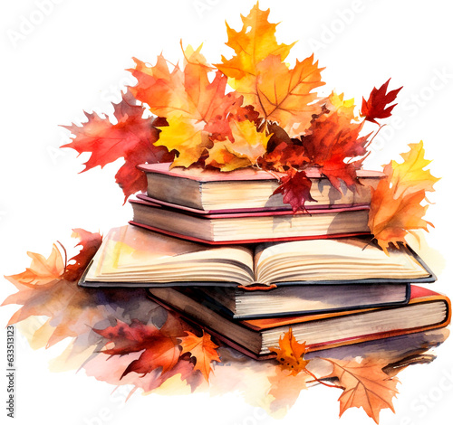 Watercolor illustration of books and autumn leaves. Fall clipart isolated on white background.