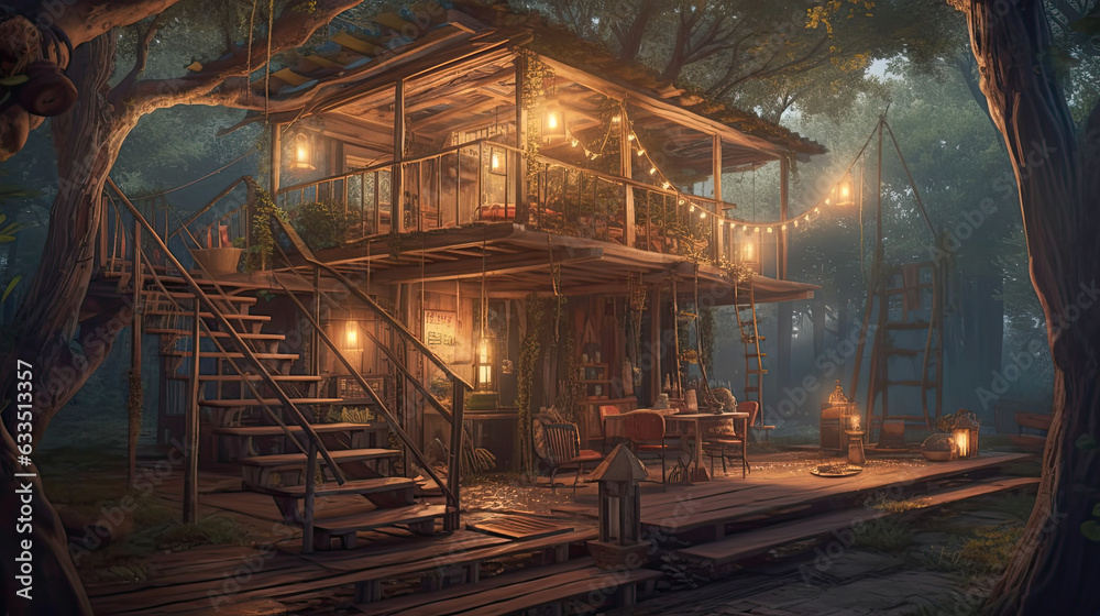  Old House in Forest with Light at Night Time