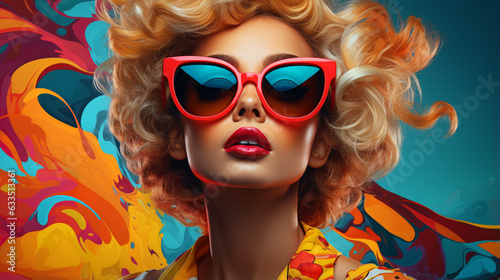 In a lively and dynamic backdrop, a captivating young woman with a striking blonde appearance exudes retro-inspired pop art charm while confidently sporting stylish sunglasses. 