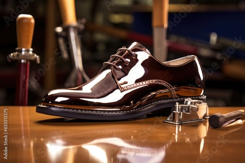 shiny polished shoe with blurred polishing tools in background