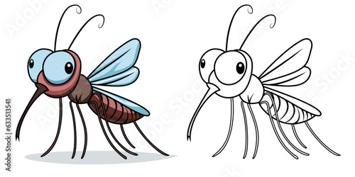 Cartoon mosquito mascot vector illustration , Cartoon insect mosquito colored and black and white line art stock vector image © VectorTrace.com