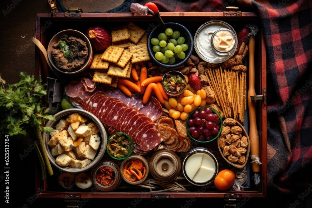 top view of a picnic basket with assorted snacks