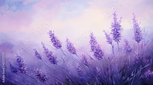  a painting of a field of lavender flowers with a blue sky in the background. generative ai