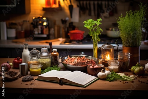 kitchen counter with open cookbook and ingredients for a recipe photo