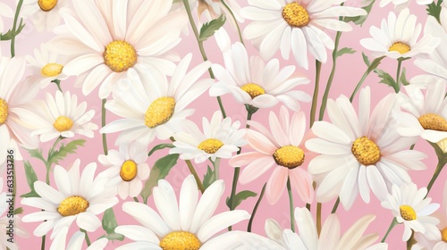  a painting of white daisies with yellow centers on a pink background.  generative ai