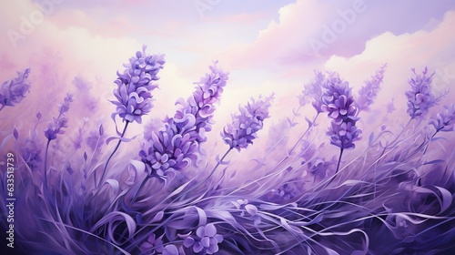  a painting of lavender flowers in a field with a blue sky in the background. generative ai
