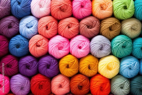 Background from colored yarn. Balls of thread close-up. Materials for needlework. Rack with yarn in the store. Shelf with multi-colored threads for knitting