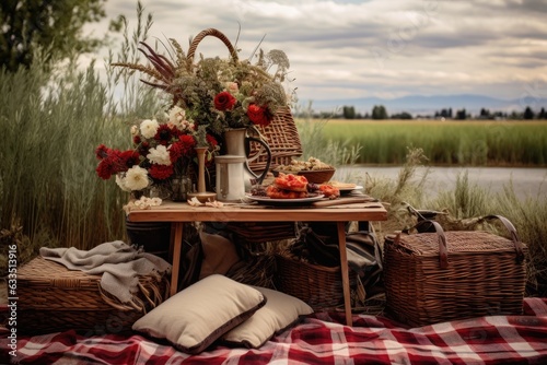 rustic picnic setup with basket and nature backdrop