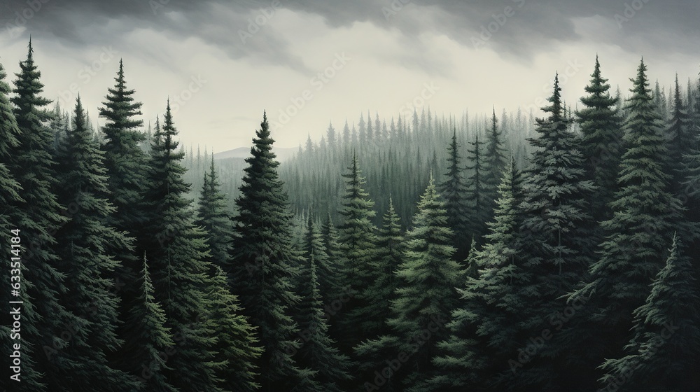  a painting of a forest filled with tall trees under a cloudy sky.  generative ai