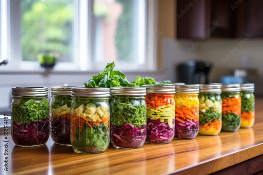 rows of mason jar salads on kitchen counter rows of mason jar salads on kitchen counter