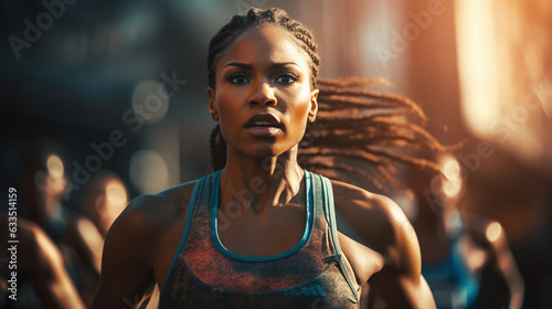 African American woman athlete runner on track of stadium
