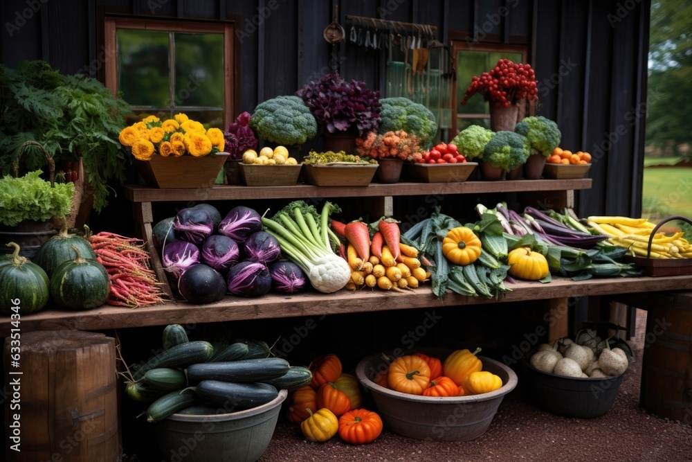 colorful heritage vegetables on a farm stand