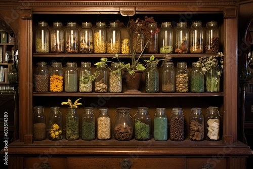 seed bank with labeled jars in a vintage cabinet