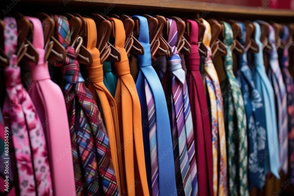 a colorful array of ties and bow ties on hangers