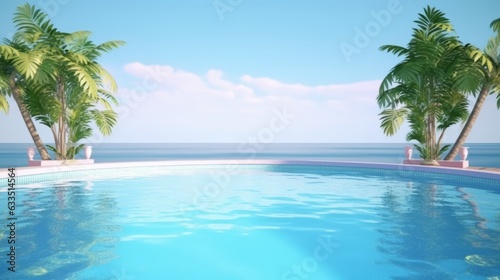 pool with palm trees and the ocean in the background