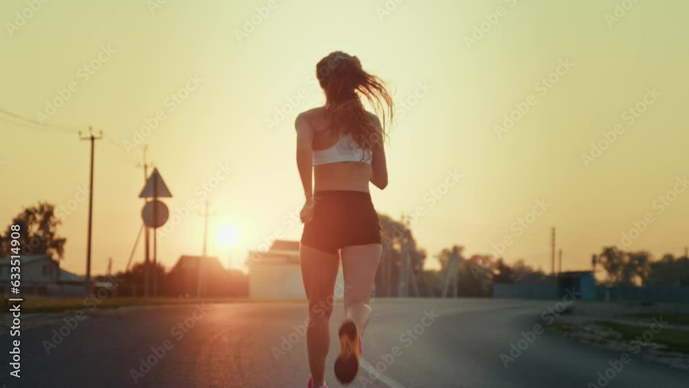 Athletic woman jogger runner running on asphalt road at sunset sunrise bright sun suburb countryside back view. Fitness female cardio training sport jogging marathon outdoor summer nature landscape 4k