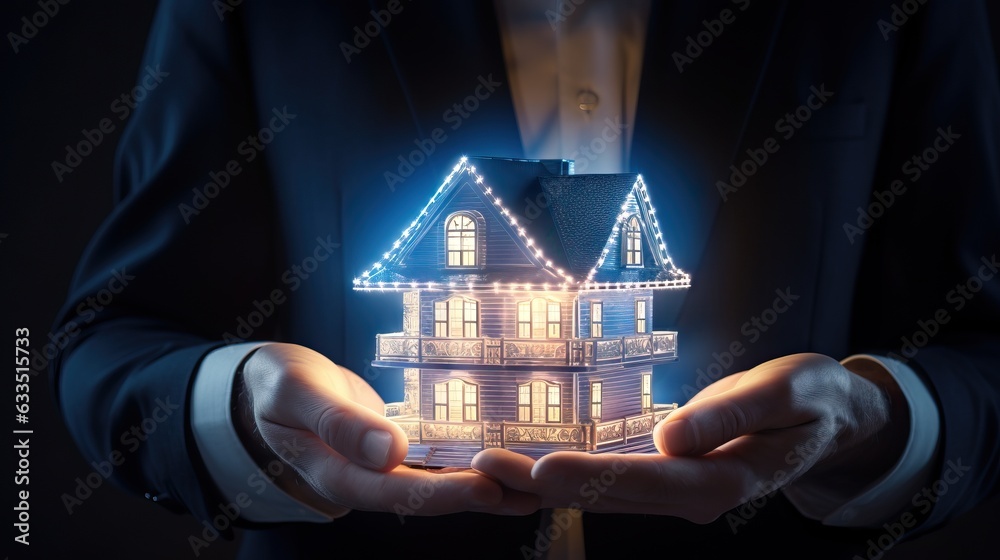 a businessman's hands holding an illuminated house with a light shining through the house a businessman's hands holding an illuminated house with a light shining through the house