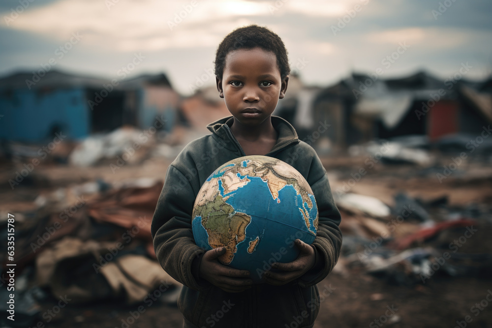 An African young boy holds up a globe of the Earth in a desolate village surrounded by trash and makeshift shanties. - obrazy, fototapety, plakaty 